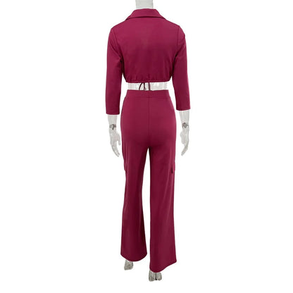 Elegant Office Women Two Piece  Short Shirt + Wide Leg Trousers Set