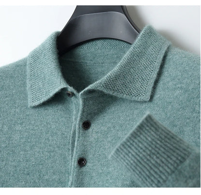 Autumn and winter new 100% pure wool sweater men's POLOL neck sweater lapel button cashmere sweater business bottoming shirt.