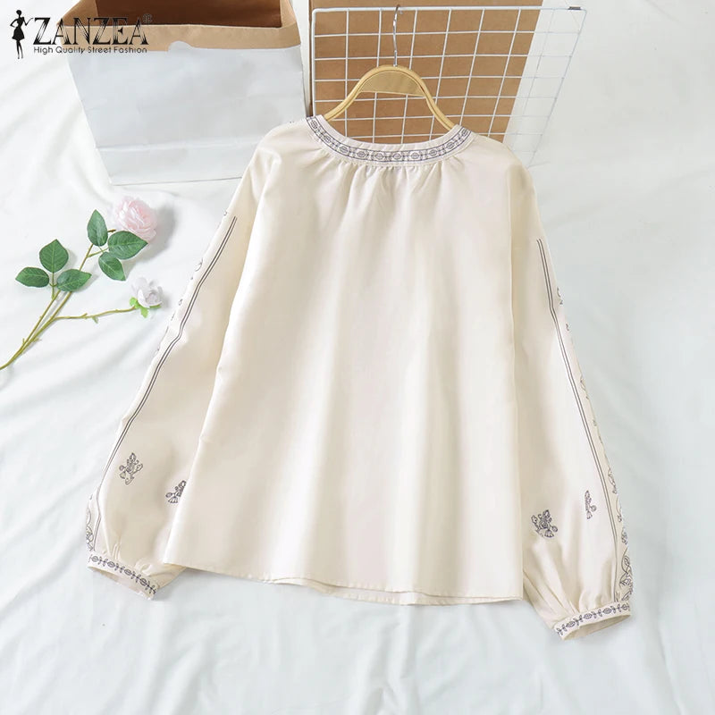 ZANZEA Ethnic Style Printing Woman Blouses Casual V-Neck Lace-Up Long Puff Sleeve Blusas Mujer 2025 Spring Summer Smock Tops