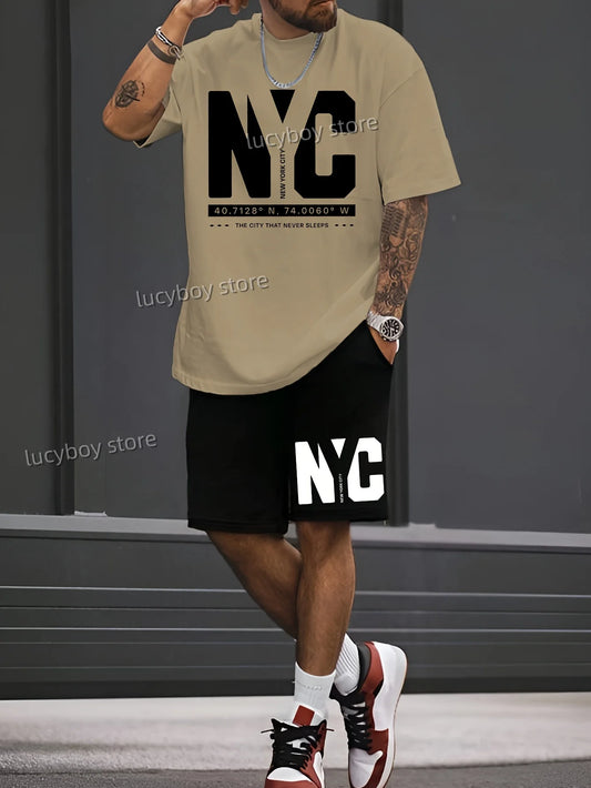 NC NEW YORK Letter Printed Sport T-shirt+shorts Suit Set Men Male Luxury Tracksuit Outfit  Runing  Oversized 2 Piece Set Clothes