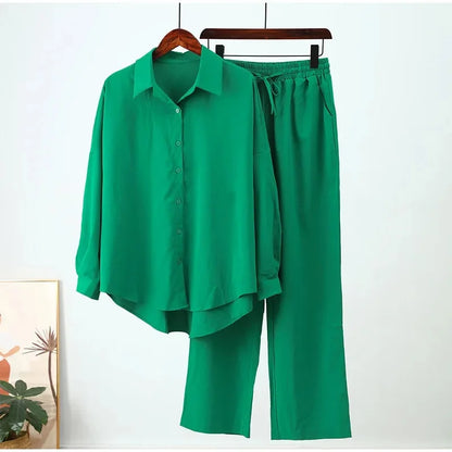 2024 New Style Amazon Autumn/Winter Cotton Linen Solid Color Loose-Fit Shirt Wide-Leg Trousers Casual Suit For Women