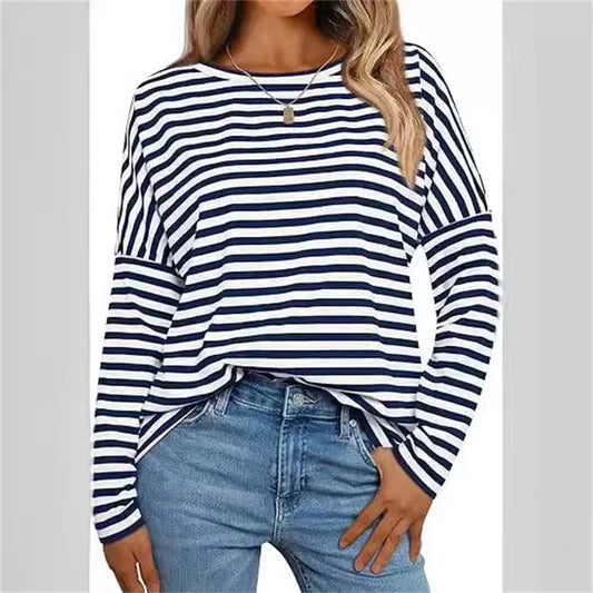 Spring Autumn Women's T-shirts Stripe Print Fashion Print Long Sleeves T shirt Casual Loose Streetwear Y2K Women Sweatshirt Tops