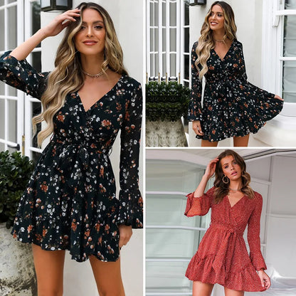 Women'S Autumn V-Neck Sexy Floral High Waisted Jumpsuit Short Skirt Dress Beauty Fashion Clothing