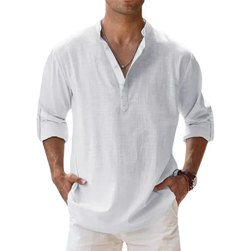 Men Cotton Linen Long Sleeve Casual Lightweight Henley Beach Hawaiian Shirt