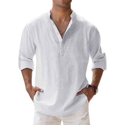 Men Cotton Linen Long Sleeve Casual Lightweight Henley Beach Hawaiian Shirt