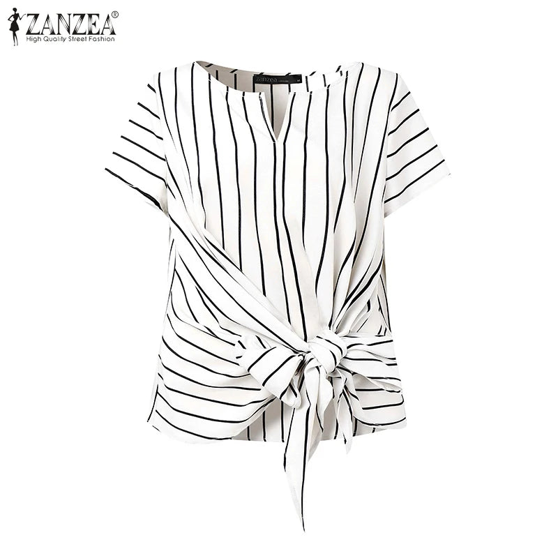 ZANZEA Women Fashion Tie-Front Striped Blouses 2025 Summer Stylish V-Neck Short Sleeve Tops Elegant Casual Commute Blusas Mujer