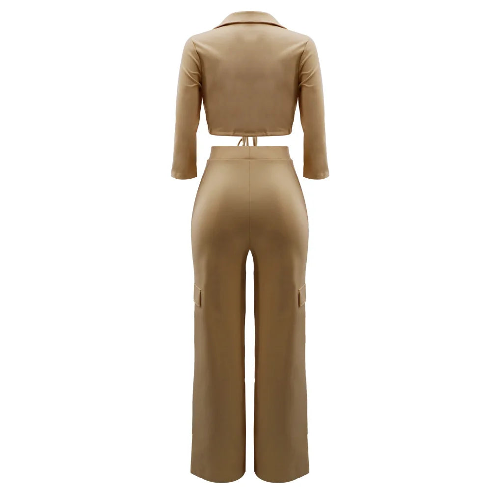 Elegant Office Women Two Piece  Short Shirt + Wide Leg Trousers Set