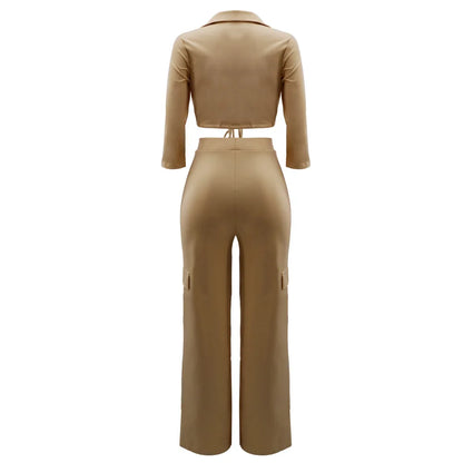 Elegant Office Women Two Piece  Short Shirt + Wide Leg Trousers Set