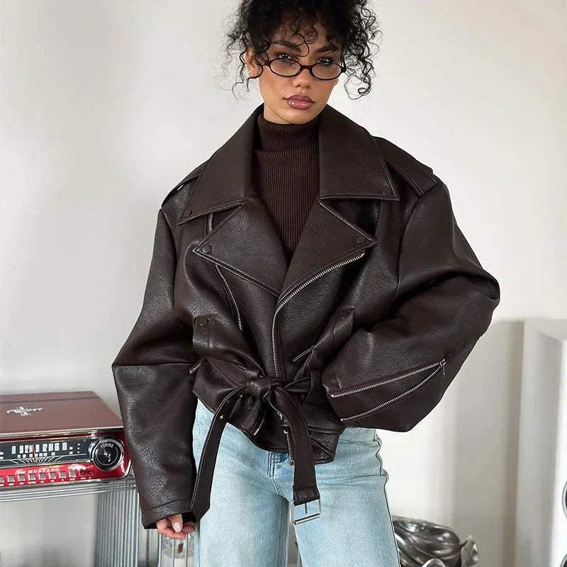 Brown Lapel Leather Bomber Jacket Women's Fashion Full Sleeve Zipper Pocket Lace Up Belt Coat 2025 Autumn High Street Outerwear