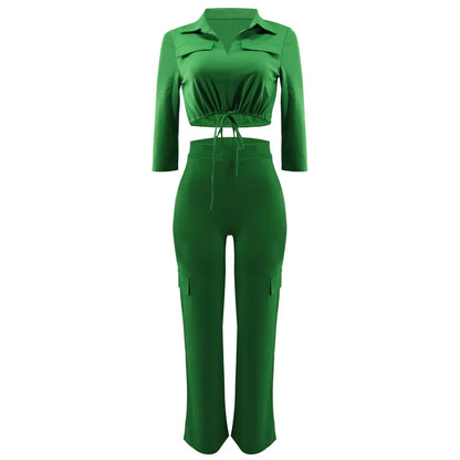 Elegant Office Women Two Piece  Short Shirt + Wide Leg Trousers Set