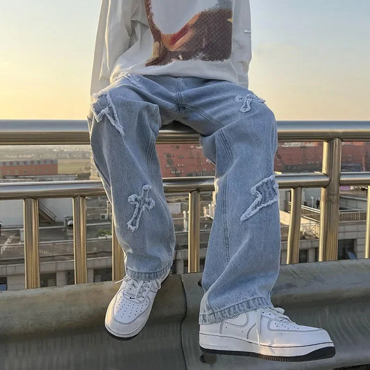 Trendy Straight-leg Denim Jeans For Men Summer Casual High Street Style Wide Leg Hop Streetwear Long Pants