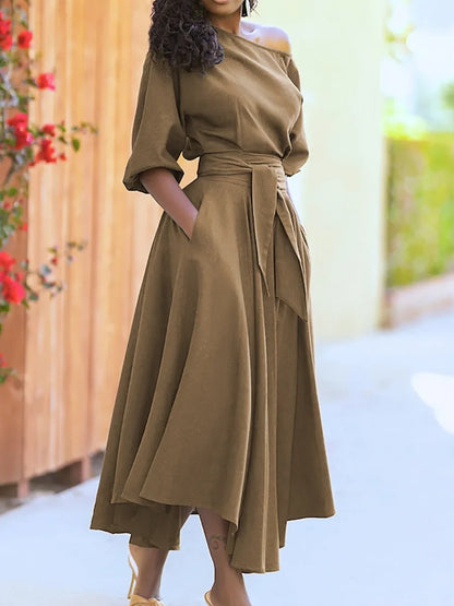 Women's S-2XL Size New Slanted Shoulder Collar Tie Waist Style Solid Color Dress Leopard print maxi dresses for women