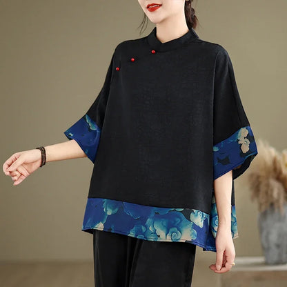 Mulberry Silk Chinese Style T-shirt for Women Spring Summer Fashion Vintage Patchwork Half Sleeve Cloud Embroidery Female Blouse