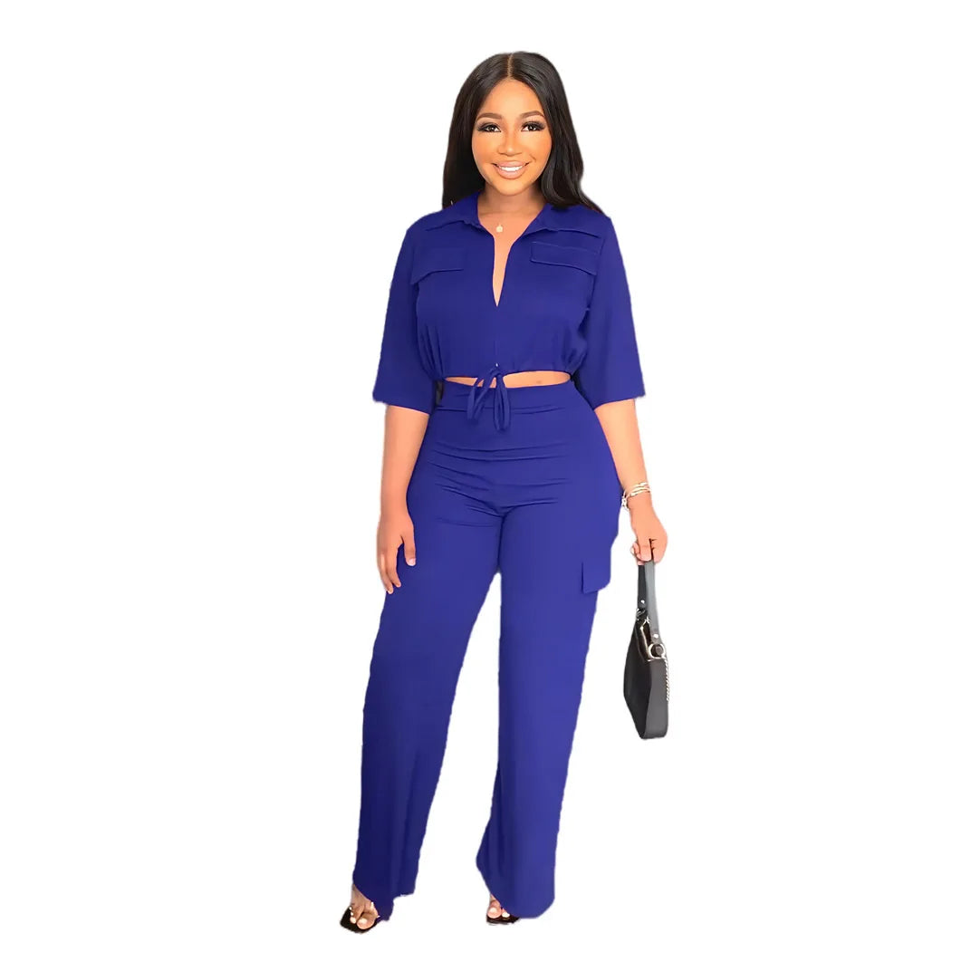 Elegant Office Women Two Piece  Short Shirt + Wide Leg Trousers Set