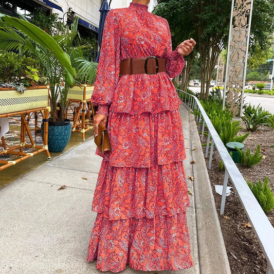Summer Long Dress Women Stand Collar Fashion Designer Long Sleeve Print Ruffles Vintage High Waist Dresses with Belt