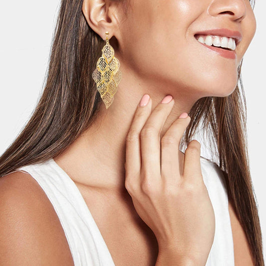 Pierced Colorful Dangle Bohemian Vintage Hollow Leaf Pendant Clip  Earrings for Women