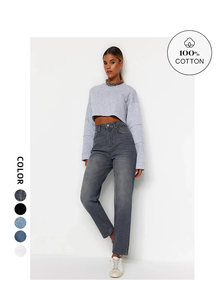 Women's 100% Cotton High Waist Turnip Jeans New Spring Autumn Pants Casual Trousers
