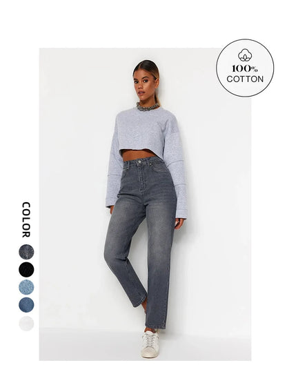 Women's 100% Cotton High Waist Turnip Jeans New Spring Autumn Pants Casual Trousers
