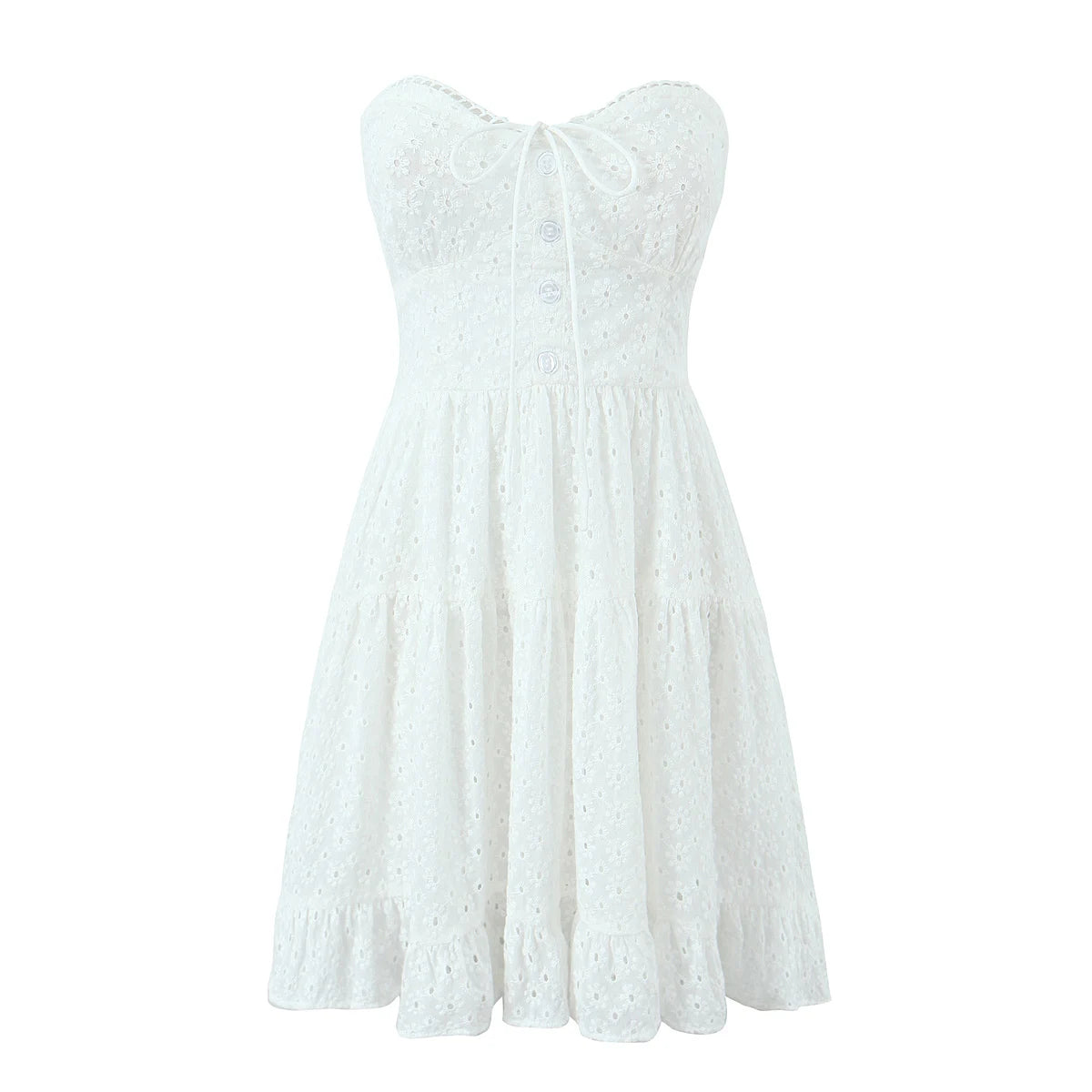 Evening Party Embroideryed Dress Elegant Summer Solid Color White Lace dress Off Shoulder Short Dress Front Tie Back Shirred
