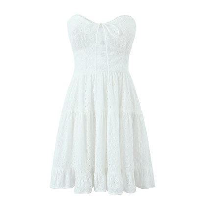 Evening Party Embroideryed Dress Elegant Summer Solid Color White Lace dress Off Shoulder Short Dress Front Tie Back Shirred