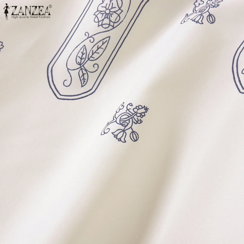ZANZEA Ethnic Style Printing Woman Blouses Casual V-Neck Lace-Up Long Puff Sleeve Blusas Mujer 2025 Spring Summer Smock Tops