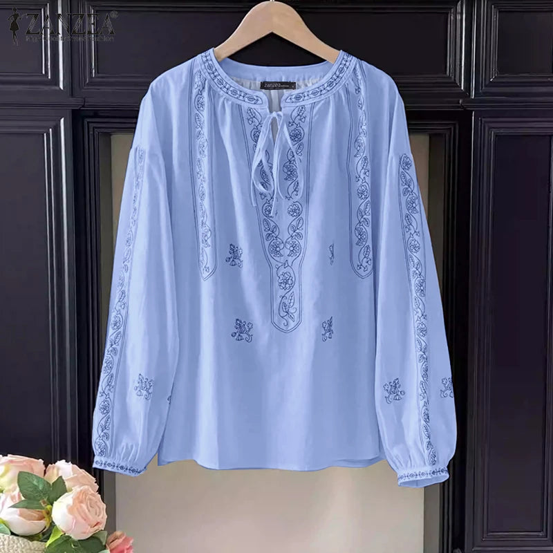ZANZEA Ethnic Style Printing Woman Blouses Casual V-Neck Lace-Up Long Puff Sleeve Blusas Mujer 2025 Spring Summer Smock Tops