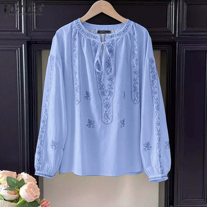 ZANZEA Ethnic Style Printing Woman Blouses Casual V-Neck Lace-Up Long Puff Sleeve Blusas Mujer 2025 Spring Summer Smock Tops