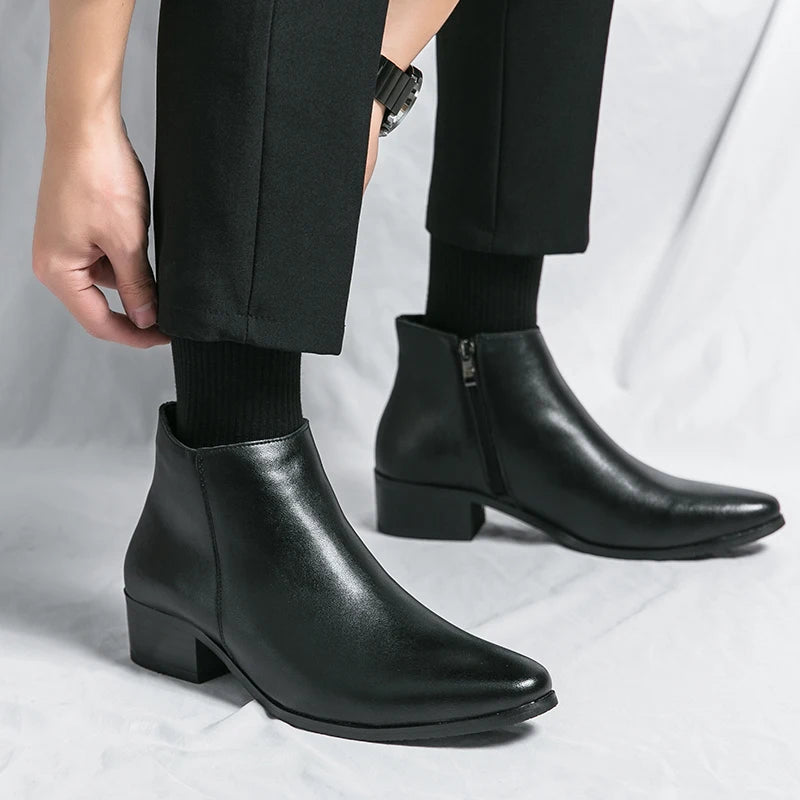 Genuine Leather Side Zipper Male Shoes High Quality Winter Men  Boots Stylish Male Shoes High Heels Mens Chelsea Boots