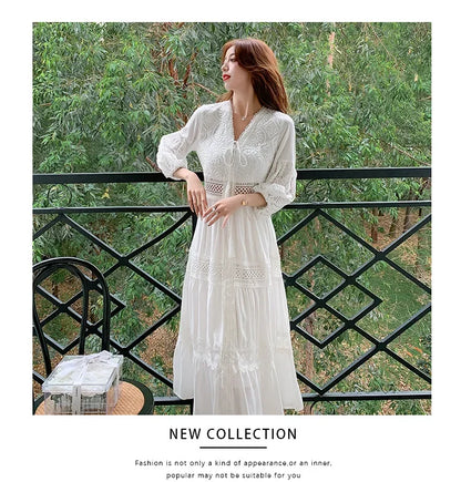 2025 Women's New Spring/Summer White Hollow Sweet Dress Fashion French Bubble Sleeve Knee length Skirt European and American