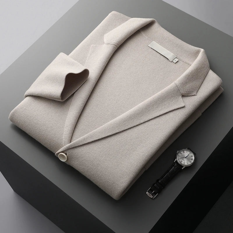 Autumn Winter New 100% Merino Wool Men's Suit Collar Knitted Cardigan Thickened Solid Color Suit Shirt Cashmere Sweater Jacket