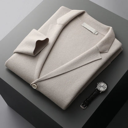 Autumn Winter New 100% Merino Wool Men's Suit Collar Knitted Cardigan Thickened Solid Color Suit Shirt Cashmere Sweater Jacket
