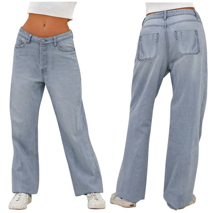 Retro Washed Jeans Women High Waist Wide Leg Denim Pants Solid Color Blue Baggy Jeans Streetwear Y2k Trousers