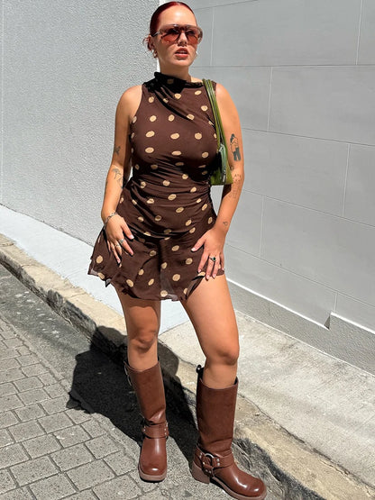 JULISSA MO Chiffon Print Polka Dot Ruched Women Dress Coffee Sleeveless High Waist Dress Spring Slim Elegant Party Club Outfits