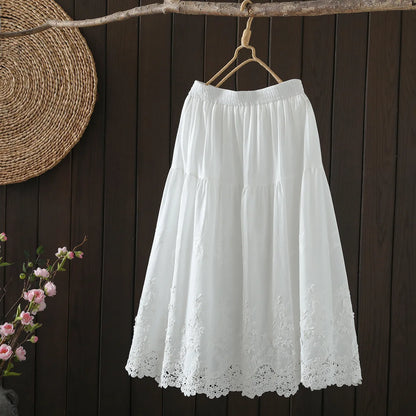 New Spring Cotton Lace Skirt Women A-Line Elastic Waist Elegant Skirt Girl Appear Thin Commute Casual Skirt 2024 Summer B44341QC