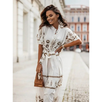 Women's Summer Short Sleeved Loose Fitting Casual Dress Fashion Printed Standing Collar Belt Dress