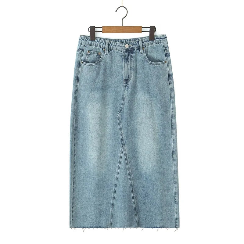 Women's Plus Size Retro High Waist Straight Denim Skirt With Back Slit Premium Casual Spring Summer Mid-Length Skirt