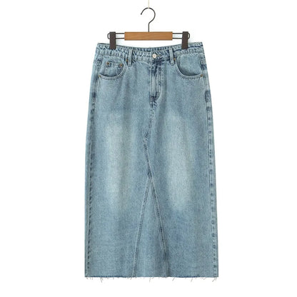 Women's Plus Size Retro High Waist Straight Denim Skirt With Back Slit Premium Casual Spring Summer Mid-Length Skirt
