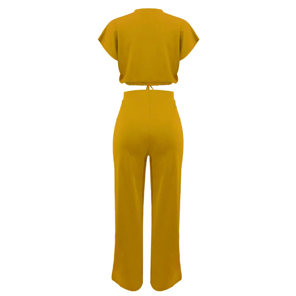 Women Short Sleeve Top & High Waist Pants Set