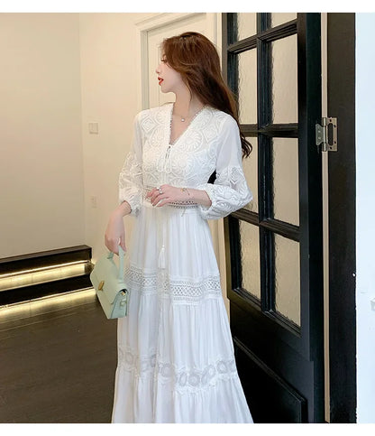 2025 Women's New Spring/Summer White Hollow Sweet Dress Fashion French Bubble Sleeve Knee length Skirt European and American