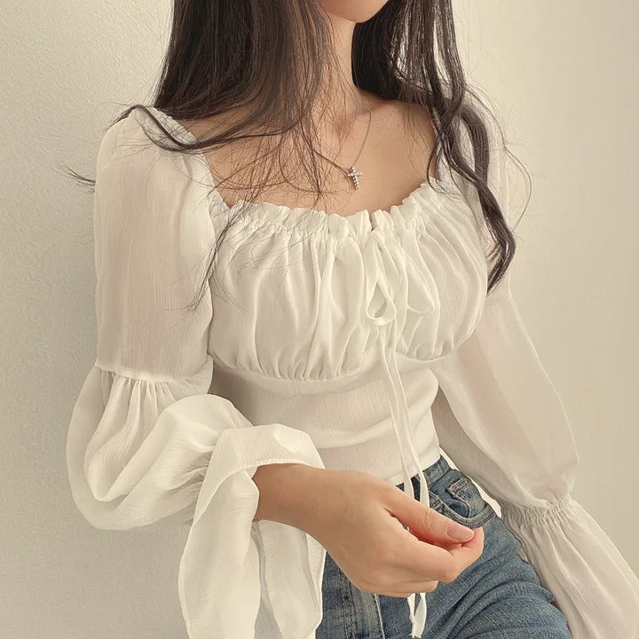 Women Chiffon Blouse Summer Shirt Square Collar Folds Lace Up Waist Tops Korean Fashion Flare Sleeve Elegant Blouses Femme
