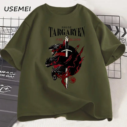 House Targaryen T Shirt Fire and Blood T-Shirt GOT Men Tshirt Cotton Fashion Short Sleeve Casual Printed Tee Shirt Streetwear