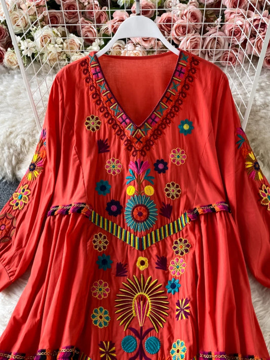Vintage Chic Women  Floral Embroidery Beach Bohemian Mini Dress Ladies Short Sleeve V-neck Cotton and Linen Boho Dresses Vestido
