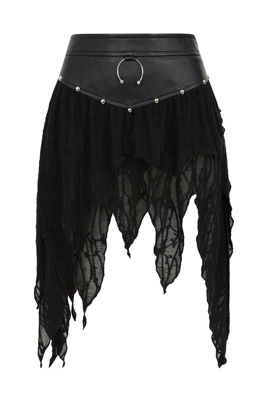 Banned Apparel Luxor Faux Leather & Jagged Knit Skirt in Black