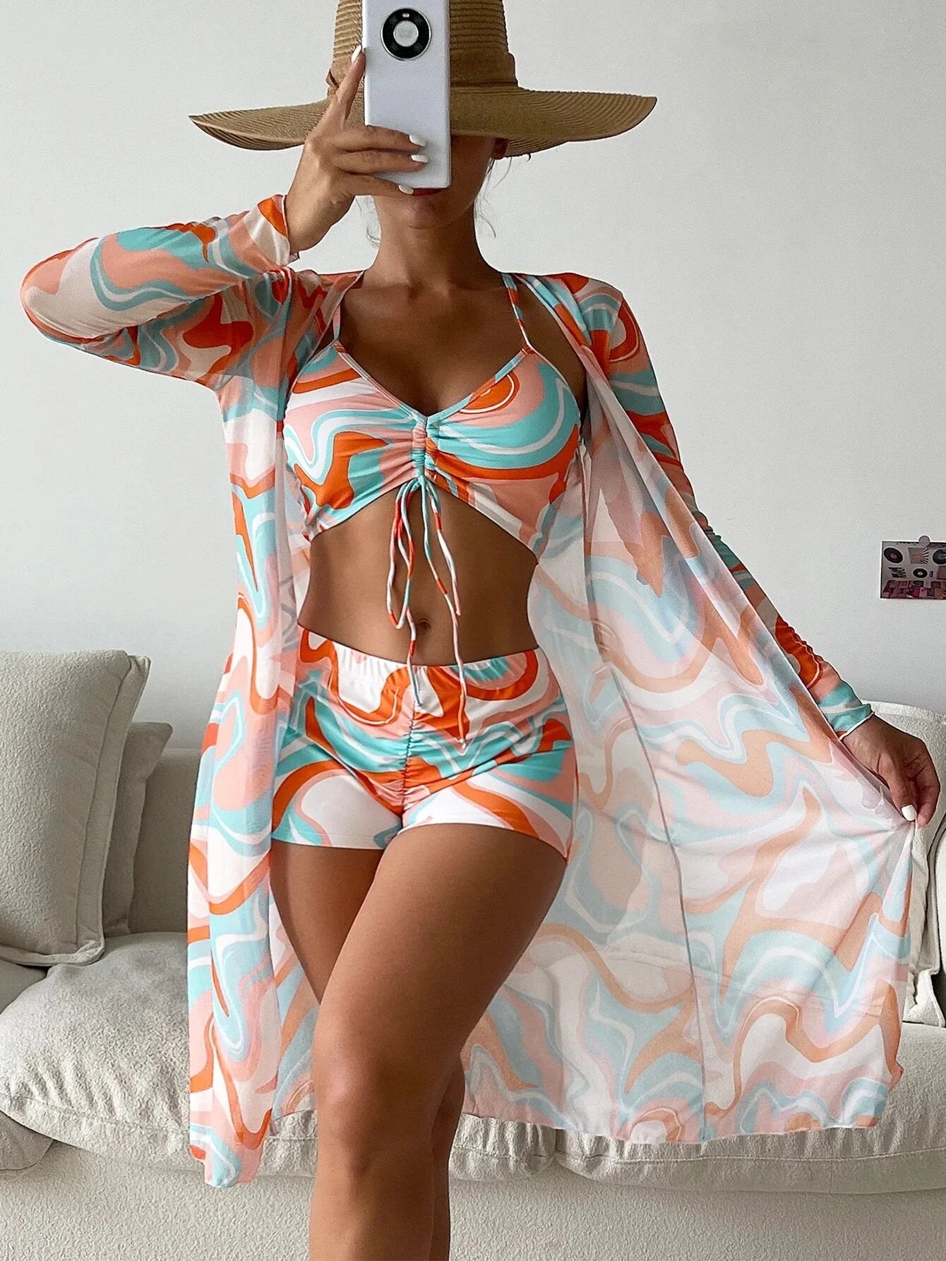 Summer Print Swimsuits Tankini Sets Female Swimwear Push Up For Beach Wear Three-Piece Bathing Suits Pool Women's Swimming Suit