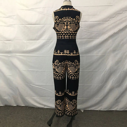 Elegant Women Wide Leg Long Printed Sleeveless Jumpsuits Trouser