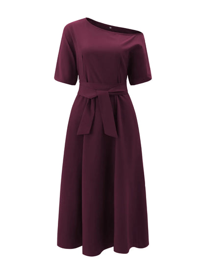 Women's S-2XL Size New Slanted Shoulder Collar Tie Waist Style Solid Color Dress Leopard print maxi dresses for women