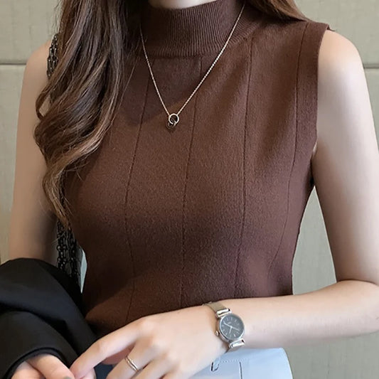 Women Knitted Solid Sweet Crop Tops O-neck Sleeveless Tops for Summer
