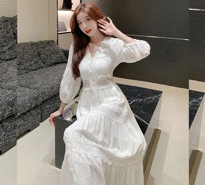2025 Women's New Spring/Summer White Hollow Sweet Dress Fashion French Bubble Sleeve Knee length Skirt European and American