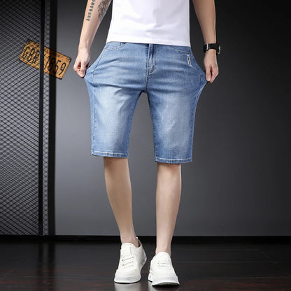 Summer Thin Slim Fit Stretch Short Jeans Classic Style Business Casual Light Blue Soft Straight-leg Denim Shorts Male