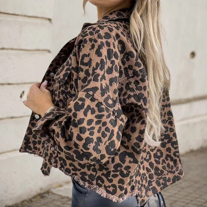 Leopard Print Tassel Hem Single-breasted Jacket  Casual Pockets Ripped Denim Outwear Jackets